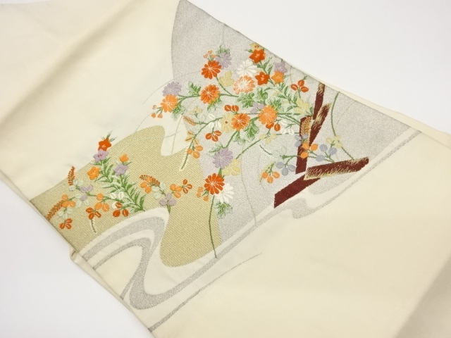 JAPANESE KIMONO / NAGOYA OBI / SILK / AUTUMN PLANTS & STREAM